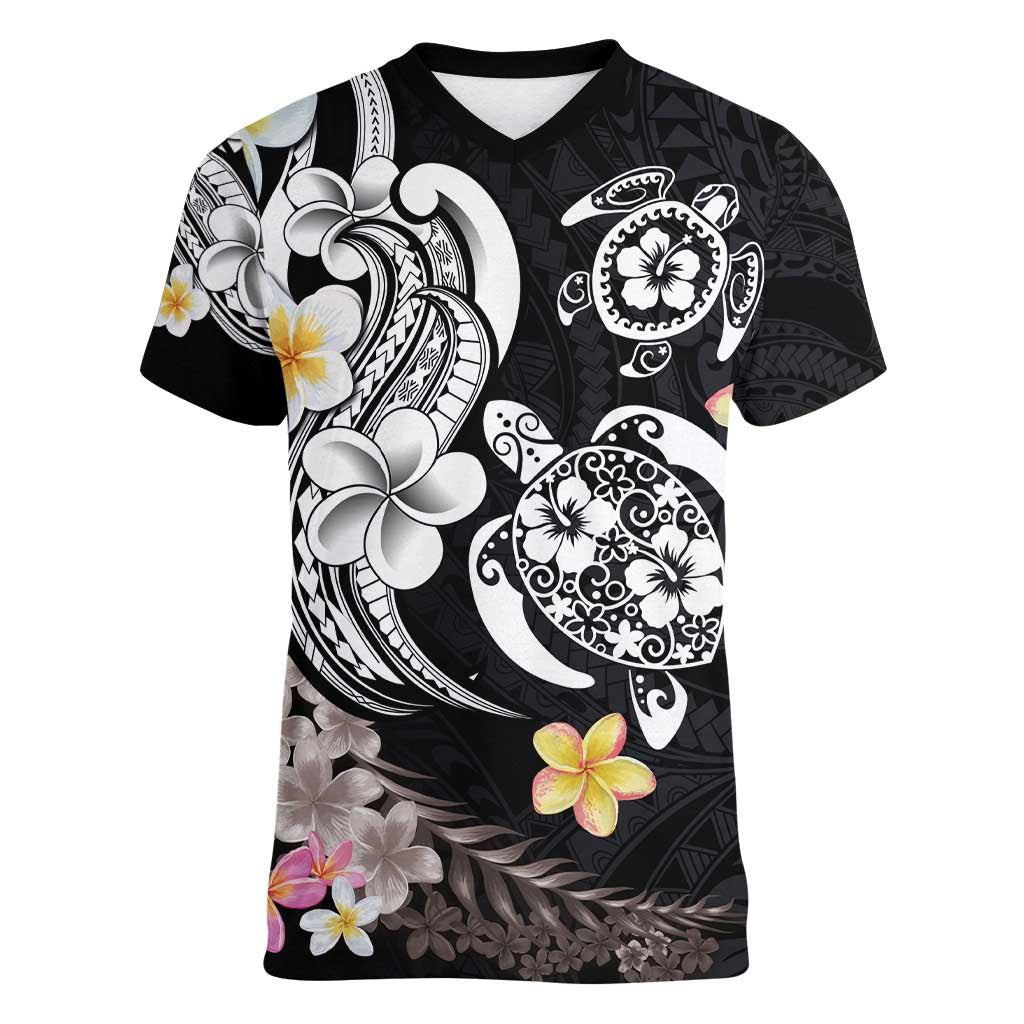 Hawaiian Tropical Plumeria Turtles Women V-Neck T-Shirt Polynesian Art Tattoo LT03 Female - Polynesian Pride