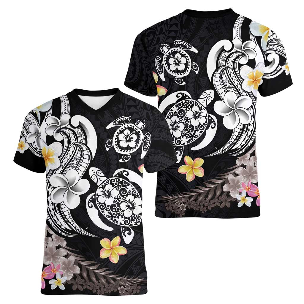 Hawaiian Tropical Plumeria Turtles Women V-Neck T-Shirt Polynesian Art Tattoo LT03 - Polynesian Pride