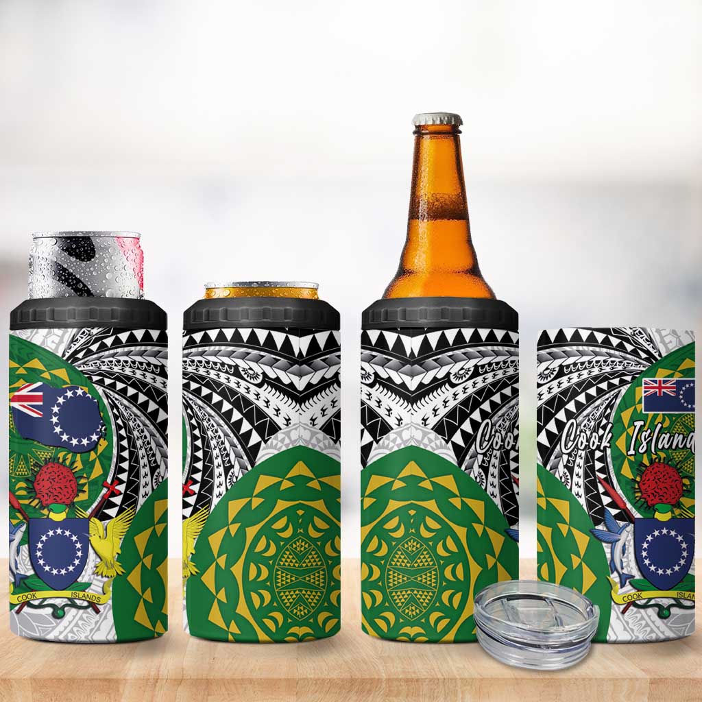 Cook Islands Independence Day 4 in 1 Can Cooler Tumbler National Flag and Emblem with Tatau Tattoo LT03 - Polynesian Pride