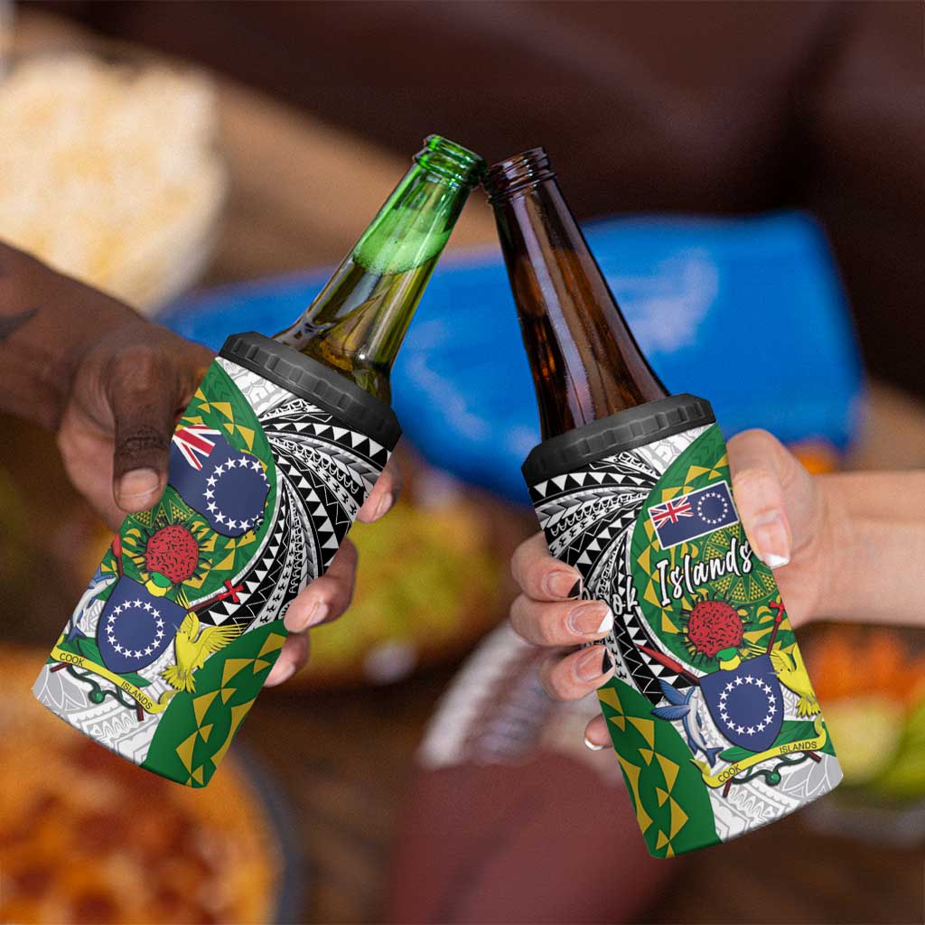 Cook Islands Independence Day 4 in 1 Can Cooler Tumbler National Flag and Emblem with Tatau Tattoo LT03 - Polynesian Pride