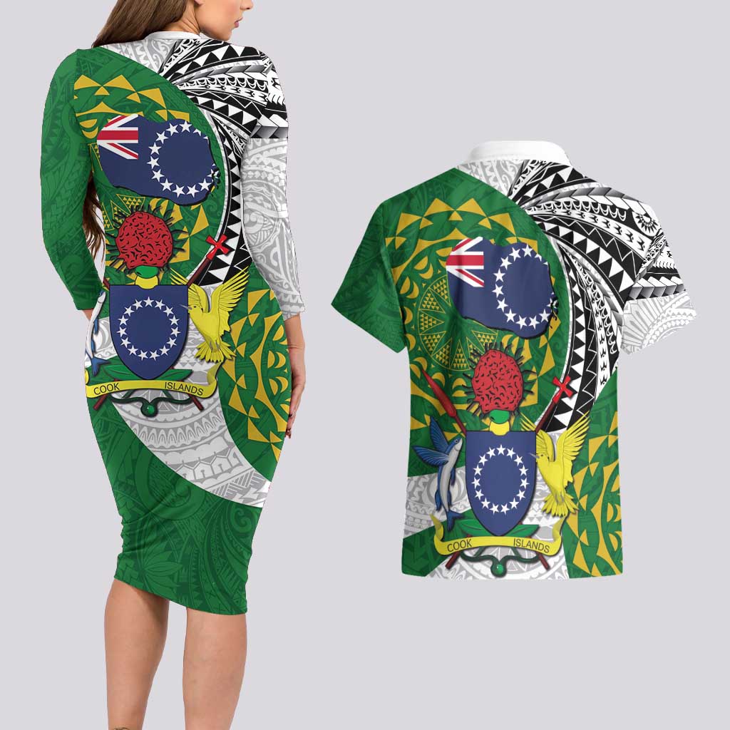 Cook Islands Independence Day Couples Matching Long Sleeve Bodycon Dress and Hawaiian Shirt National Flag and Emblem with Tatau Tattoo LT03 - Polynesian Pride