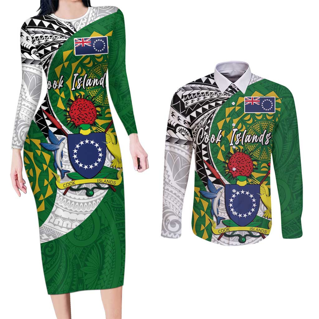 Cook Islands Independence Day Couples Matching Long Sleeve Bodycon Dress and Long Sleeve Button Shirt National Flag and Emblem with Tatau Tattoo LT03 No Dress - Polynesian Pride