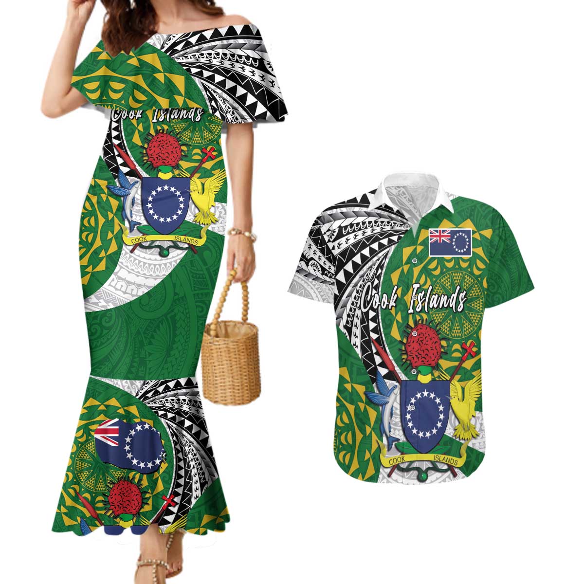 Cook Islands Independence Day Couples Matching Mermaid Dress and Hawaiian Shirt National Flag and Emblem with Tatau Tattoo LT03 No Dress - Polynesian Pride