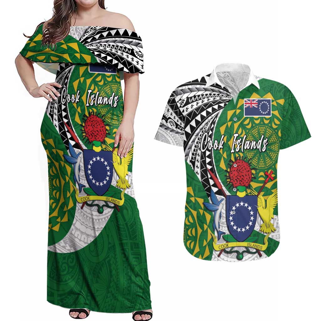 Cook Islands Independence Day Couples Matching Off Shoulder Maxi Dress and Hawaiian Shirt National Flag and Emblem with Tatau Tattoo LT03 No Dress - Polynesian Pride