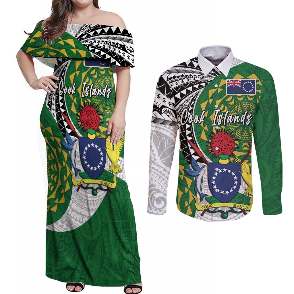Cook Islands Independence Day Couples Matching Off Shoulder Maxi Dress and Long Sleeve Button Shirt National Flag and Emblem with Tatau Tattoo LT03 No Dress - Polynesian Pride