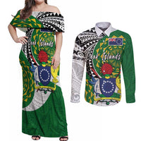 Cook Islands Independence Day Couples Matching Off Shoulder Maxi Dress and Long Sleeve Button Shirt National Flag and Emblem with Tatau Tattoo LT03 No Dress - Polynesian Pride