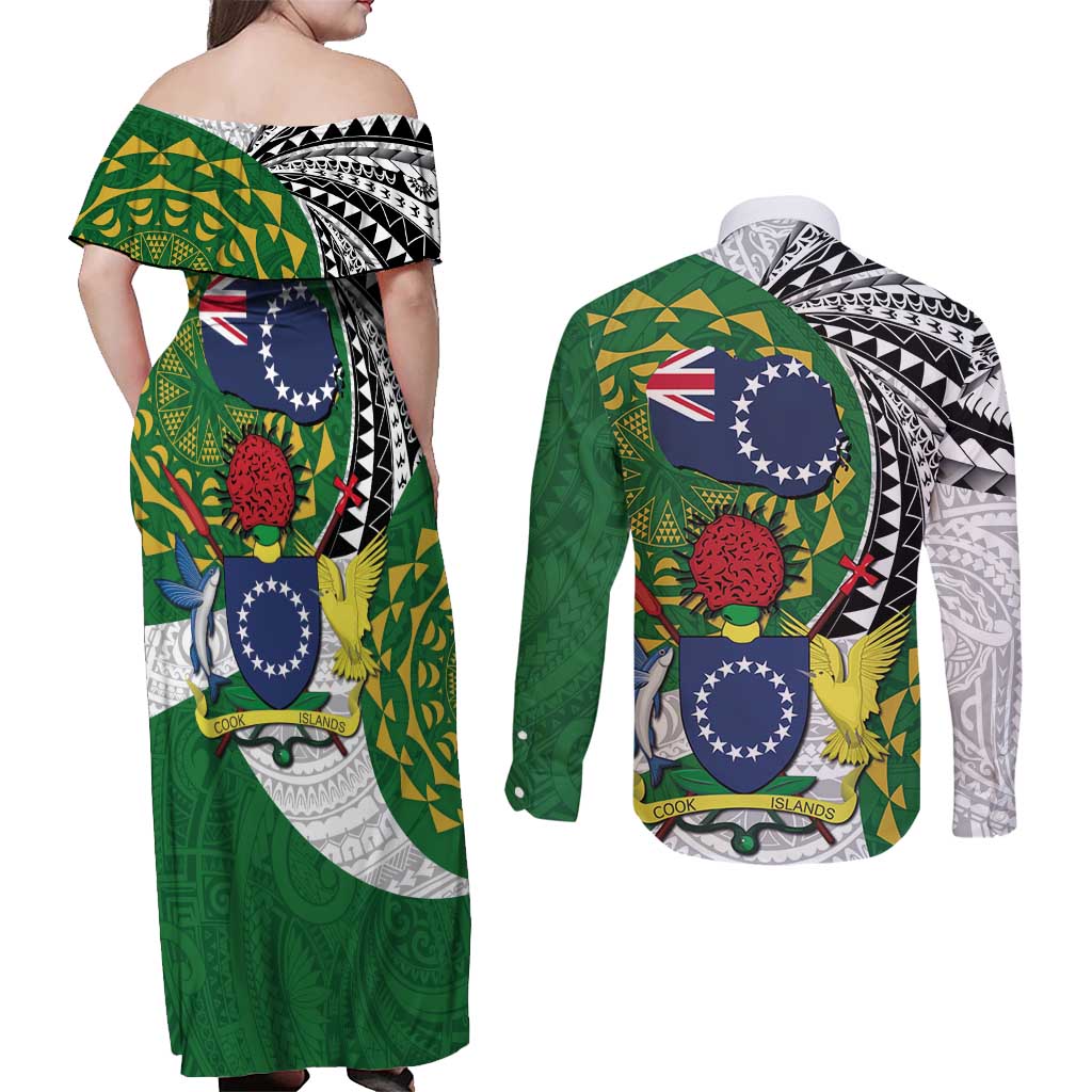 Cook Islands Independence Day Couples Matching Off Shoulder Maxi Dress and Long Sleeve Button Shirt National Flag and Emblem with Tatau Tattoo LT03 - Polynesian Pride