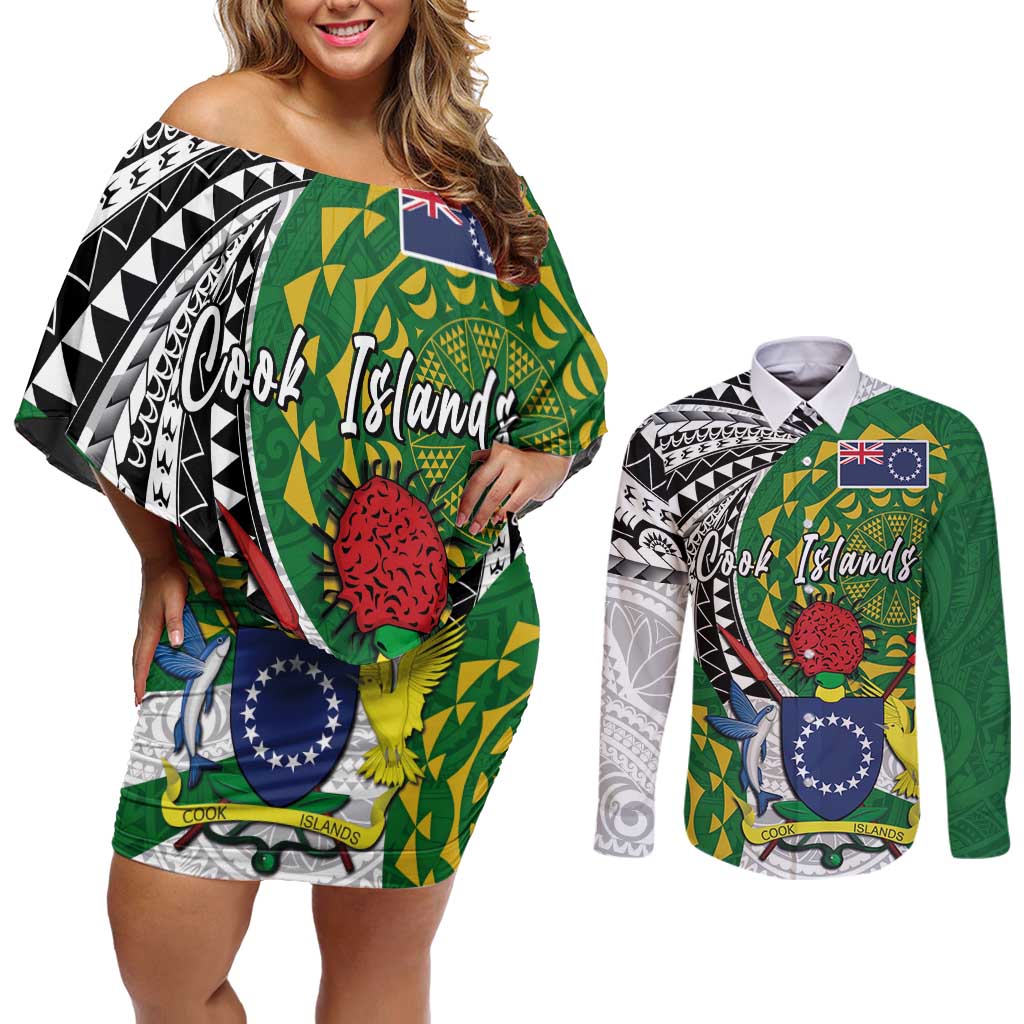 Cook Islands Independence Day Couples Matching Off Shoulder Short Dress and Long Sleeve Button Shirt National Flag and Emblem with Tatau Tattoo LT03 No Dress - Polynesian Pride
