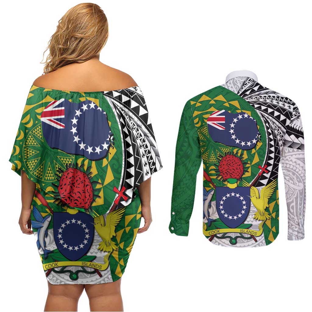 Cook Islands Independence Day Couples Matching Off Shoulder Short Dress and Long Sleeve Button Shirt National Flag and Emblem with Tatau Tattoo LT03 - Polynesian Pride
