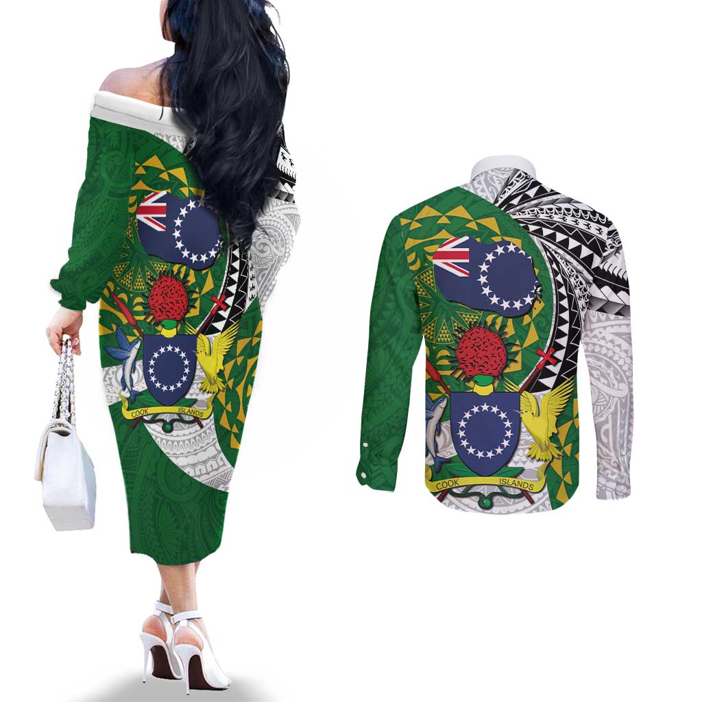 Cook Islands Independence Day Couples Matching Off The Shoulder Long Sleeve Dress and Long Sleeve Button Shirt National Flag and Emblem with Tatau Tattoo LT03 - Polynesian Pride