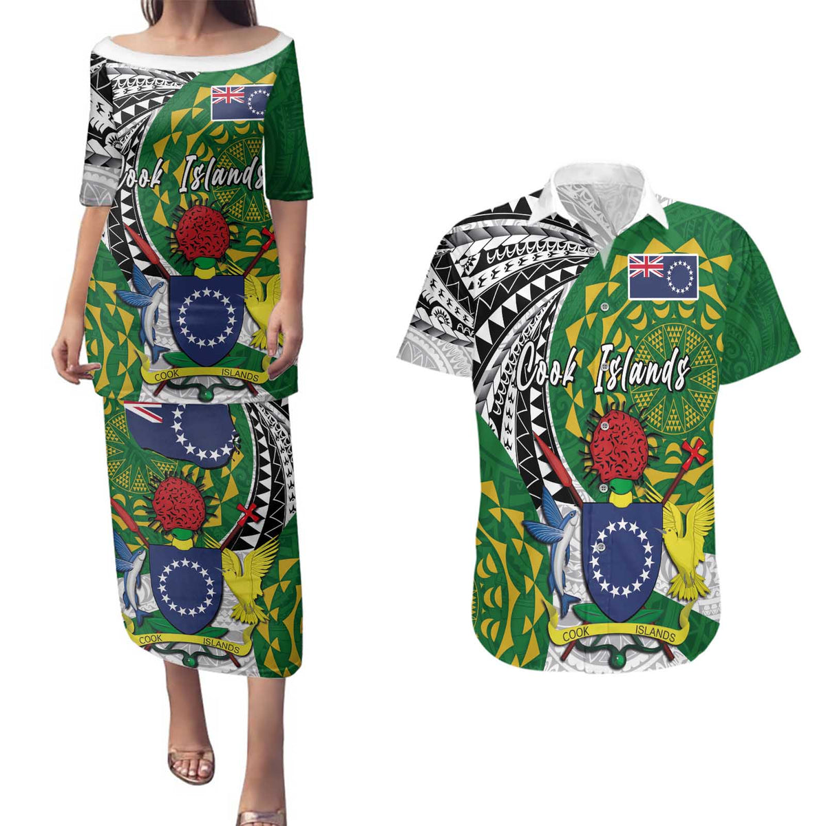 Cook Islands Independence Day Couples Matching Puletasi and Hawaiian Shirt National Flag and Emblem with Tatau Tattoo LT03 No Dress - Polynesian Pride
