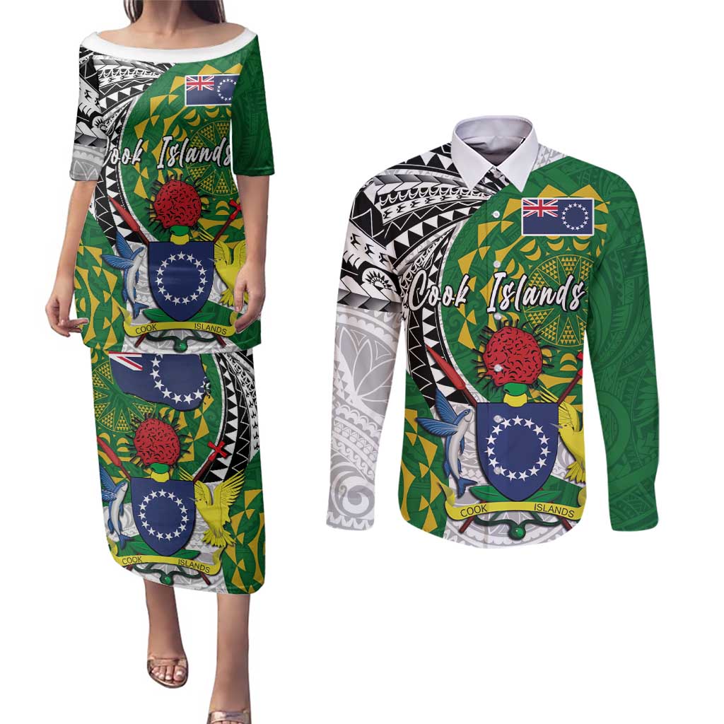 Cook Islands Independence Day Couples Matching Puletasi and Long Sleeve Button Shirt National Flag and Emblem with Tatau Tattoo LT03 No Dress - Polynesian Pride