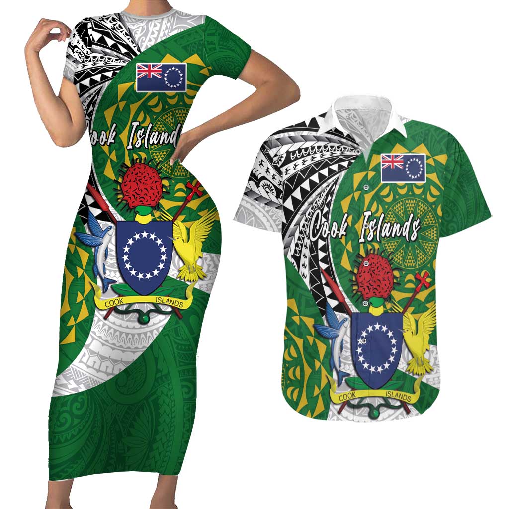 Cook Islands Independence Day Couples Matching Short Sleeve Bodycon Dress and Hawaiian Shirt National Flag and Emblem with Tatau Tattoo LT03 No Dress - Polynesian Pride
