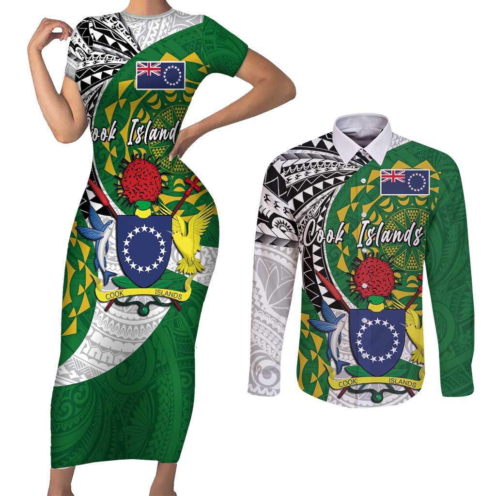 Cook Islands Independence Day Couples Matching Short Sleeve Bodycon Dress and Long Sleeve Button Shirt National Flag and Emblem with Tatau Tattoo LT03 No Dress - Polynesian Pride