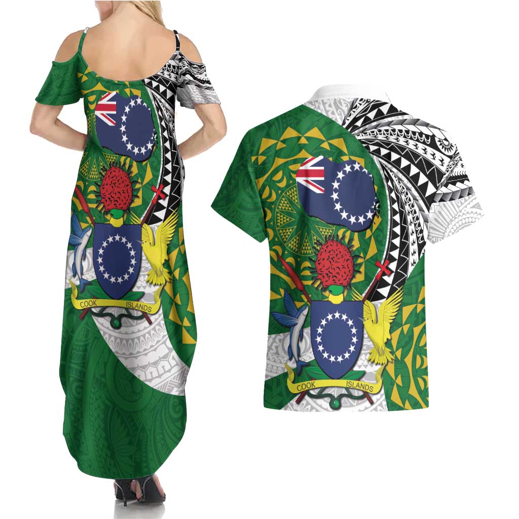 Cook Islands Independence Day Couples Matching Summer Maxi Dress and Hawaiian Shirt National Flag and Emblem with Tatau Tattoo LT03 - Polynesian Pride