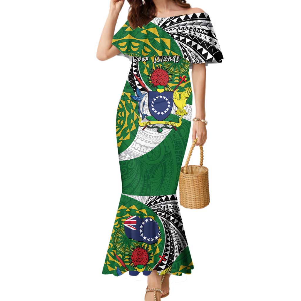 Cook Islands Independence Day Family Matching Mermaid Dress and Hawaiian Shirt National Flag and Emblem with Tatau Tattoo LT03 Mom's Dress - Polynesian Pride