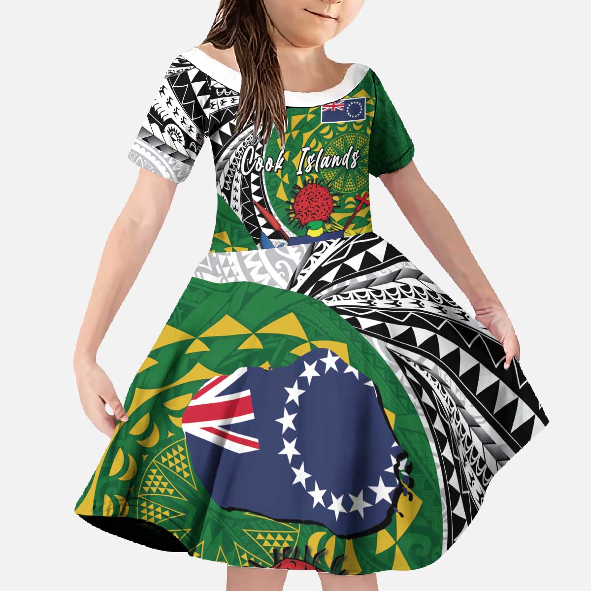Cook Islands Independence Day Family Matching Off The Shoulder Long Sleeve Dress and Hawaiian Shirt National Flag and Emblem with Tatau Tattoo LT03 Daughter's Dress - Polynesian Pride