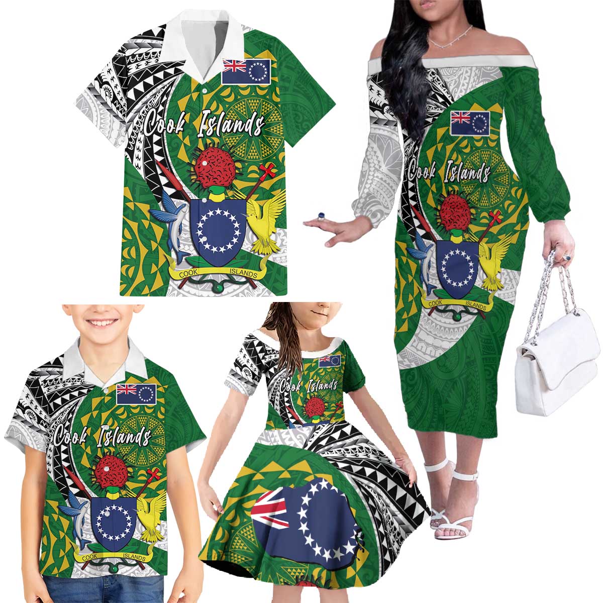 Cook Islands Independence Day Family Matching Off The Shoulder Long Sleeve Dress and Hawaiian Shirt National Flag and Emblem with Tatau Tattoo LT03 - Polynesian Pride