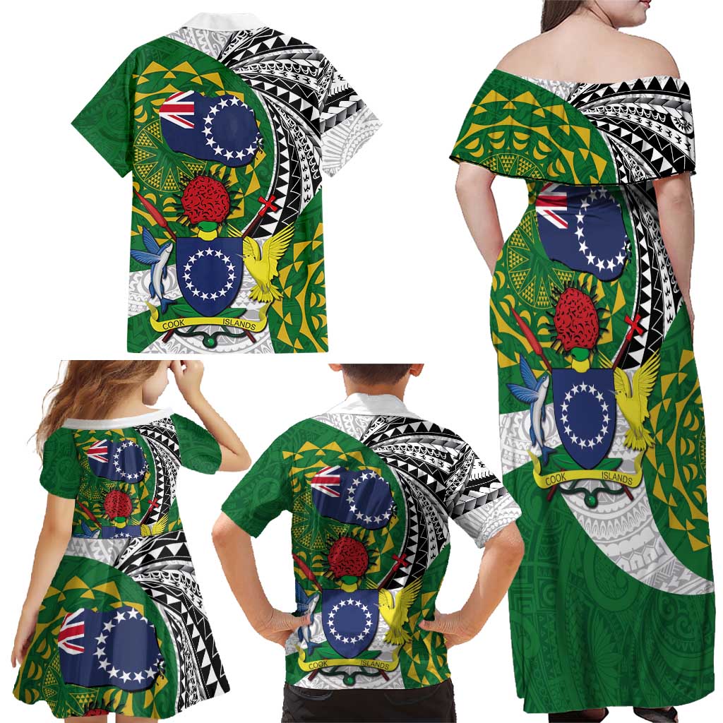 Cook Islands Independence Day Family Matching Off Shoulder Maxi Dress and Hawaiian Shirt National Flag and Emblem with Tatau Tattoo LT03 - Polynesian Pride