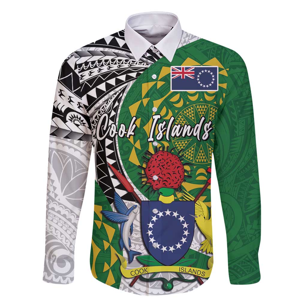 Cook Islands Independence Day Family Matching Off Shoulder Maxi Dress and Hawaiian Shirt National Flag and Emblem with Tatau Tattoo LT03 Dad's Shirt - Long Sleeve - Polynesian Pride