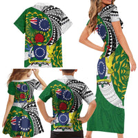 Cook Islands Independence Day Family Matching Short Sleeve Bodycon Dress and Hawaiian Shirt National Flag and Emblem with Tatau Tattoo LT03 - Polynesian Pride
