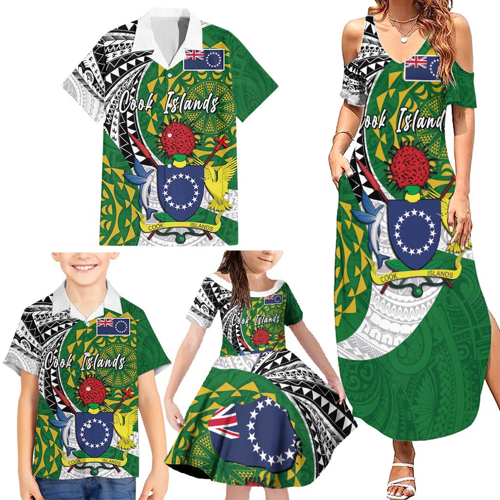 Cook Islands Independence Day Family Matching Summer Maxi Dress and Hawaiian Shirt National Flag and Emblem with Tatau Tattoo LT03 - Polynesian Pride