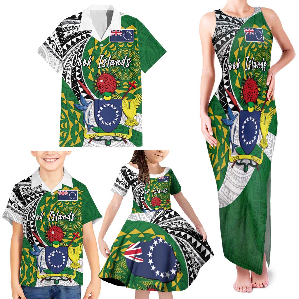 Cook Islands Independence Day Family Matching Tank Maxi Dress and Hawaiian Shirt National Flag and Emblem with Tatau Tattoo LT03 - Polynesian Pride