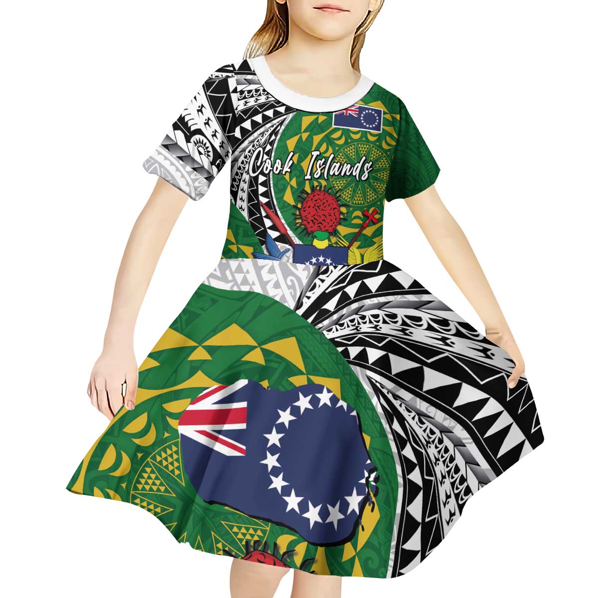 Cook Islands Independence Day Kid Short Sleeve Dress National Flag and Emblem with Tatau Tattoo LT03 - Polynesian Pride