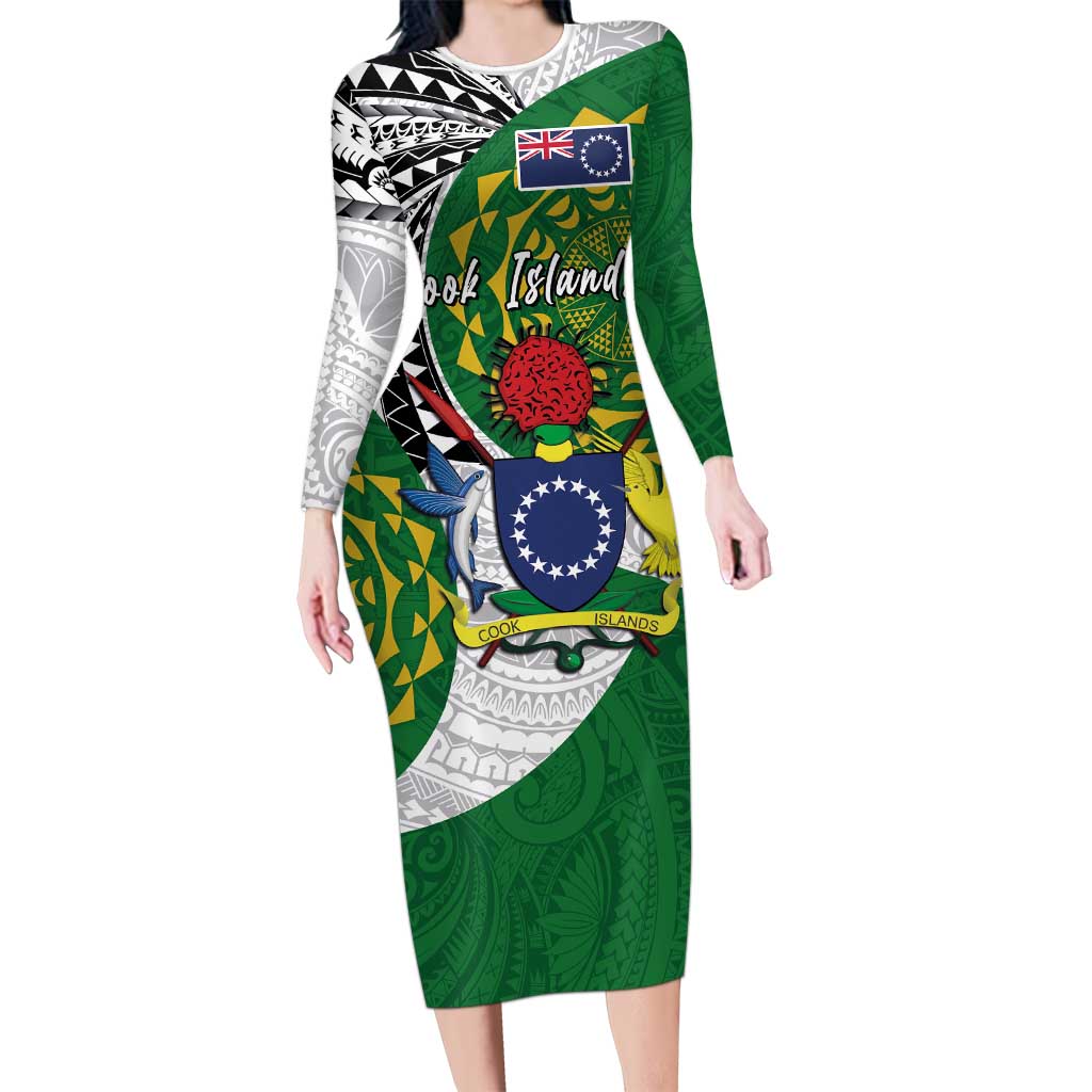 Cook Islands Independence Day Long Sleeve Bodycon Dress National Flag and Emblem with Tatau Tattoo LT03 Long Dress - Polynesian Pride