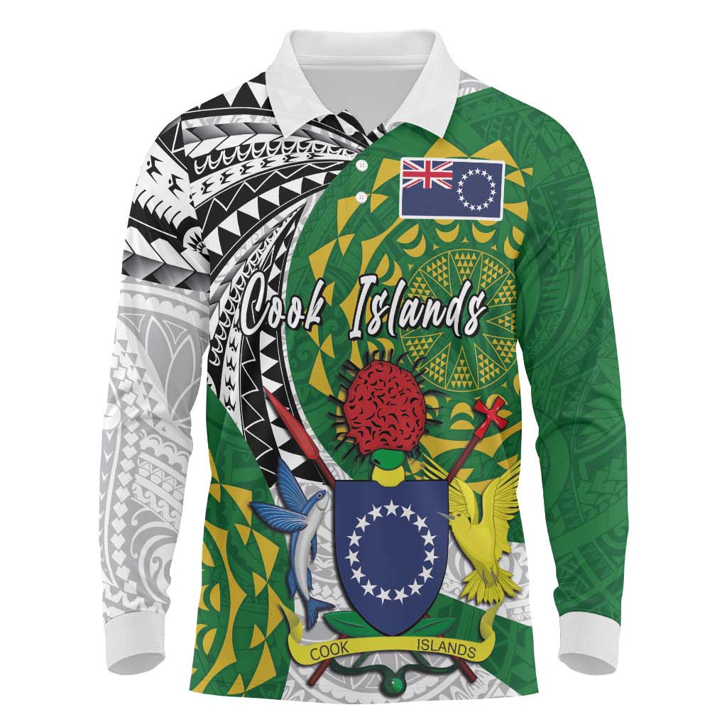 Cook Islands Independence Day Long Sleeve Polo Shirt National Flag and Emblem with Tatau Tattoo LT03 - Polynesian Pride