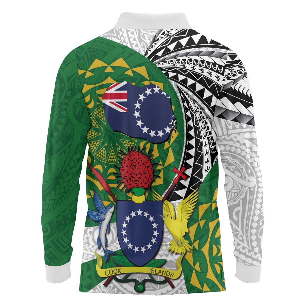 Cook Islands Independence Day Long Sleeve Polo Shirt National Flag and Emblem with Tatau Tattoo LT03 - Polynesian Pride