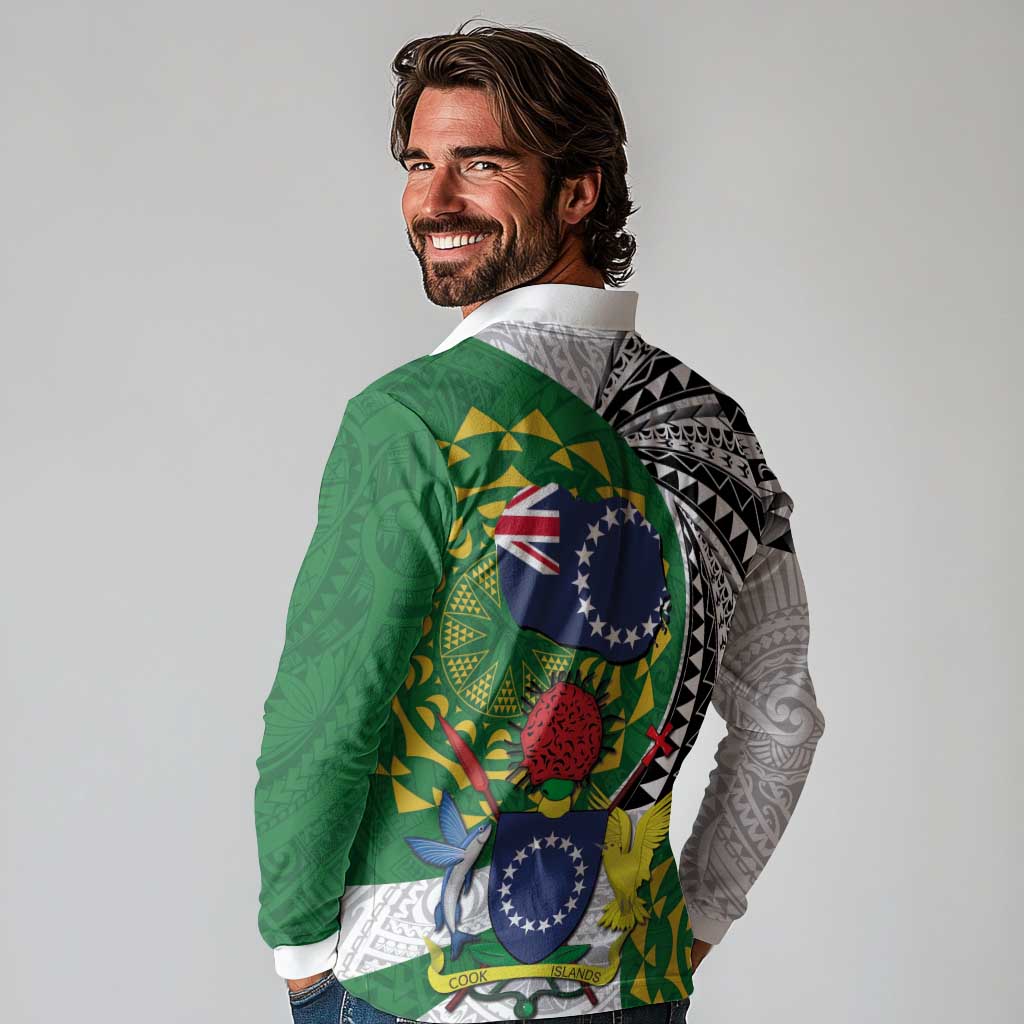 Cook Islands Independence Day Long Sleeve Polo Shirt National Flag and Emblem with Tatau Tattoo LT03 - Polynesian Pride