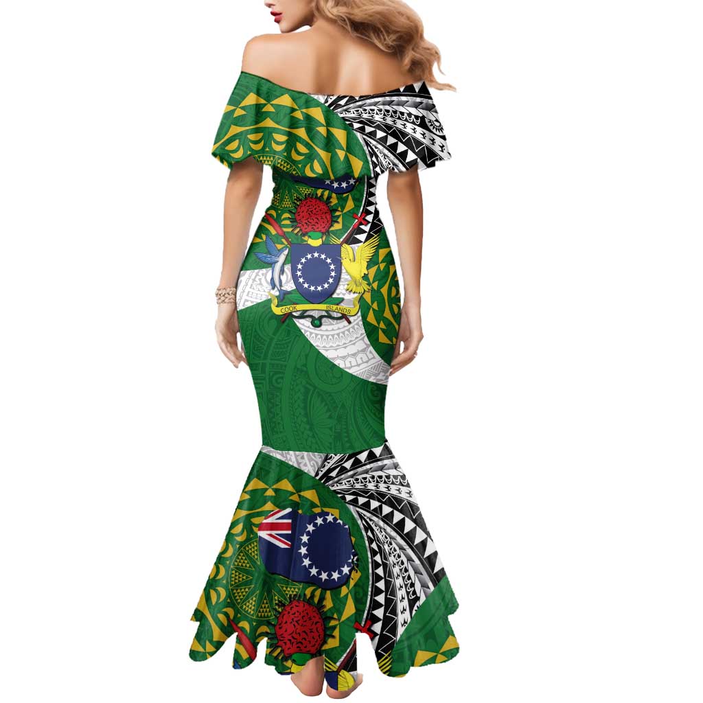 Cook Islands Independence Day Mermaid Dress National Flag and Emblem with Tatau Tattoo LT03 - Polynesian Pride