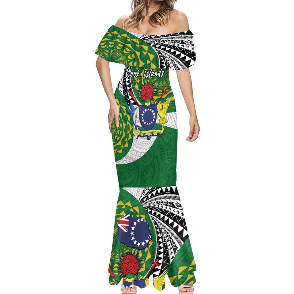 Cook Islands Independence Day Mermaid Dress National Flag and Emblem with Tatau Tattoo LT03 - Polynesian Pride