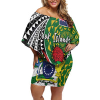 Cook Islands Independence Day Off Shoulder Short Dress National Flag and Emblem with Tatau Tattoo LT03 Women - Polynesian Pride