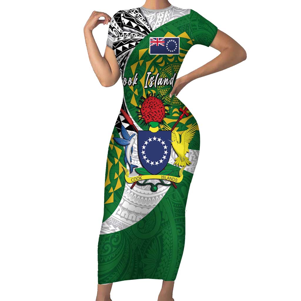 Cook Islands Independence Day Short Sleeve Bodycon Dress National Flag and Emblem with Tatau Tattoo LT03 Long Dress - Polynesian Pride