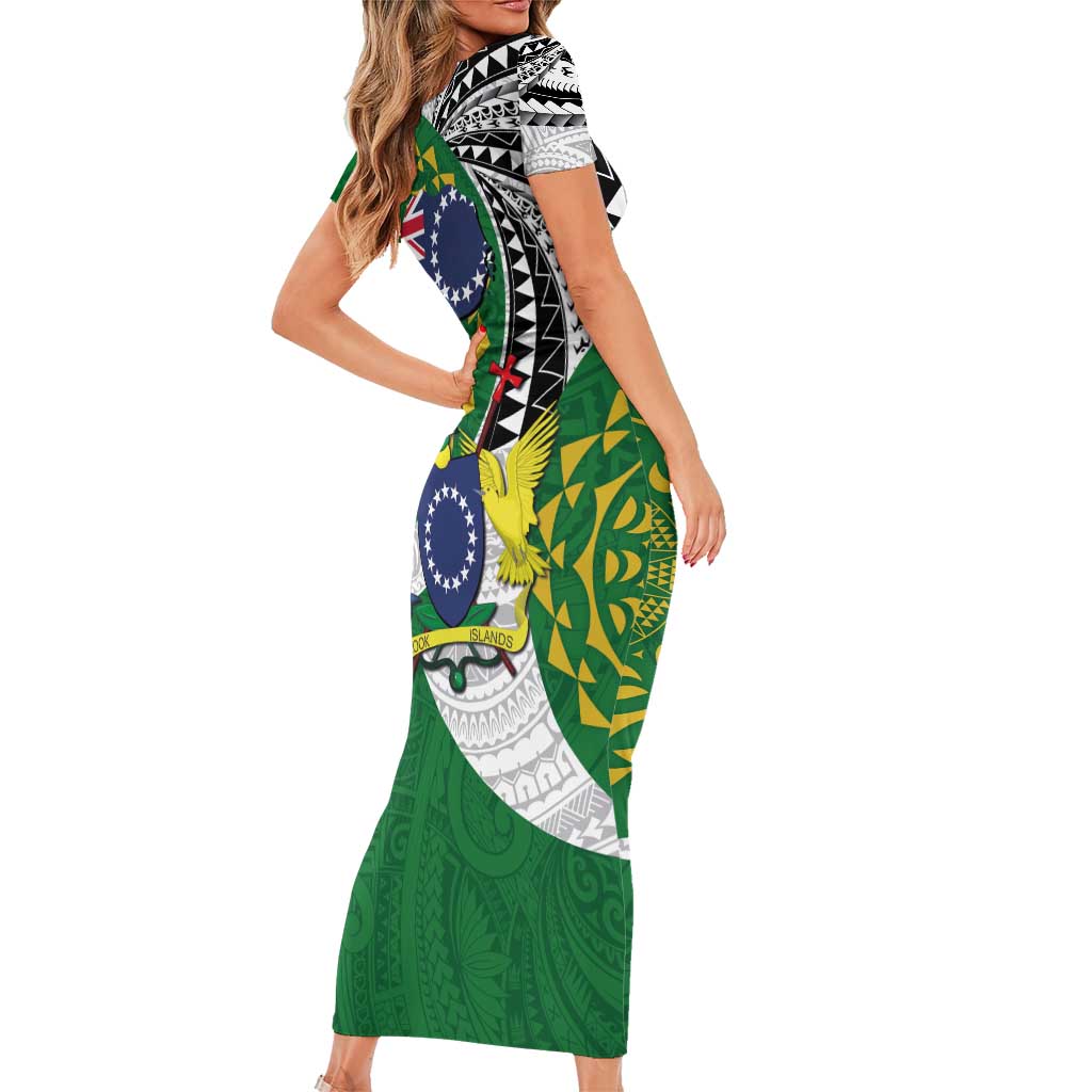Cook Islands Independence Day Short Sleeve Bodycon Dress National Flag and Emblem with Tatau Tattoo LT03 - Polynesian Pride