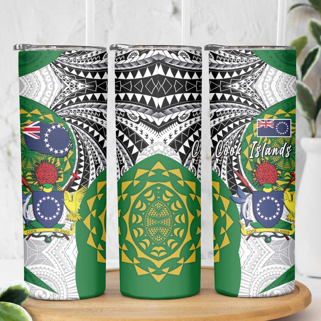 Cook Islands Independence Day Skinny Tumbler National Flag and Emblem with Tatau Tattoo LT03 - Polynesian Pride