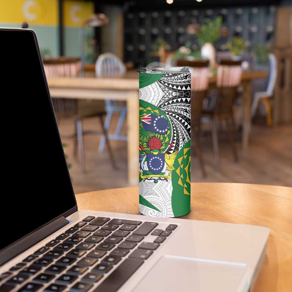 Cook Islands Independence Day Skinny Tumbler National Flag and Emblem with Tatau Tattoo LT03 - Polynesian Pride