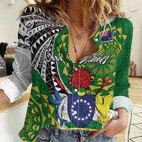Cook Islands Independence Day Women Casual Shirt National Flag and Emblem with Tatau Tattoo LT03 Female - Polynesian Pride