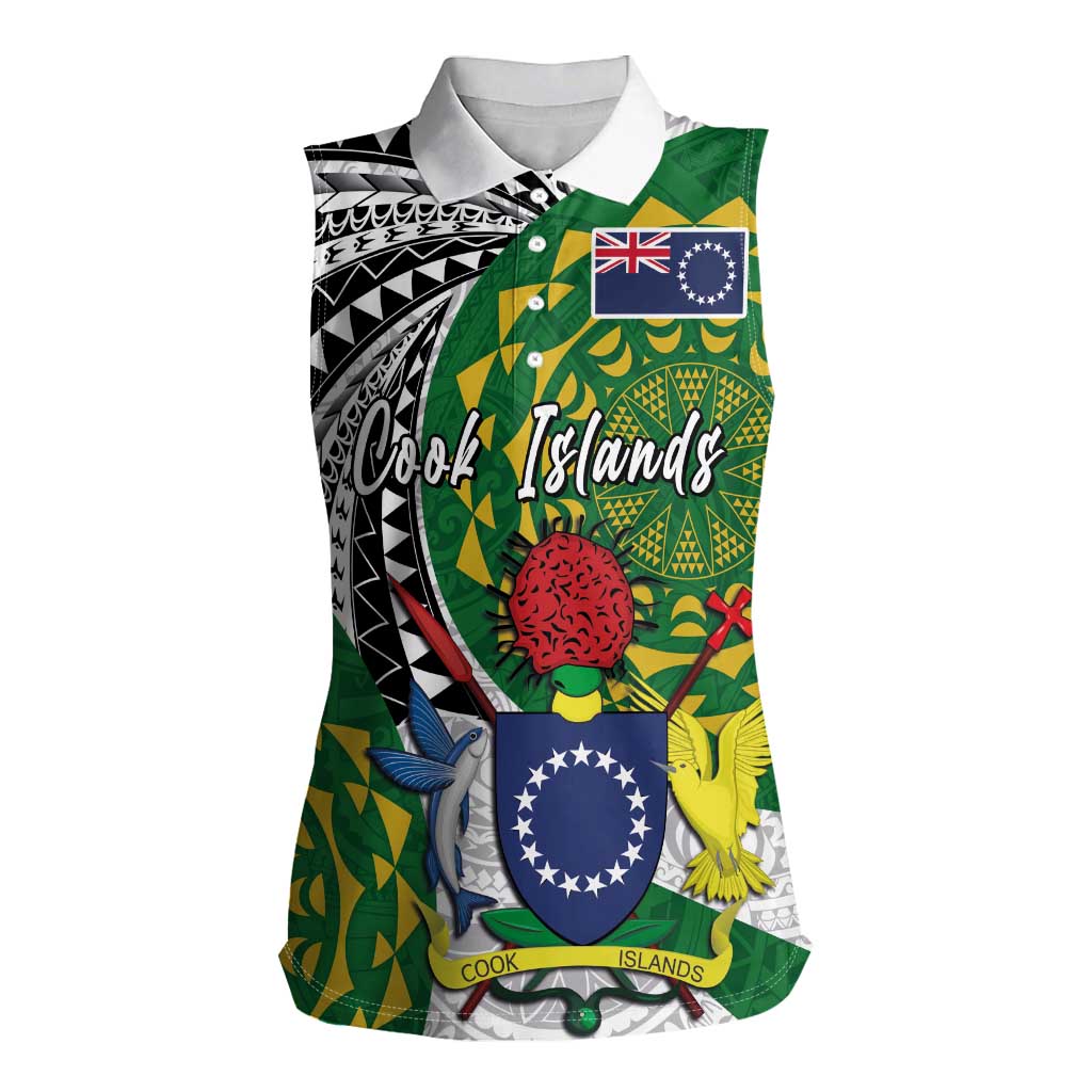 Cook Islands Independence Day Women Sleeveless Polo Shirt National Flag and Emblem with Tatau Tattoo LT03 Female - Polynesian Pride