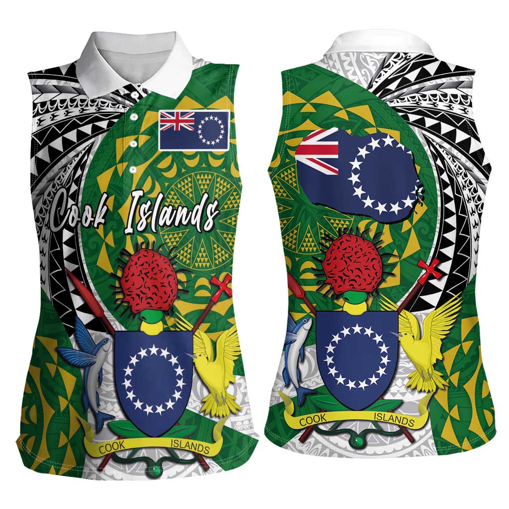 Cook Islands Independence Day Women Sleeveless Polo Shirt National Flag and Emblem with Tatau Tattoo LT03 - Polynesian Pride