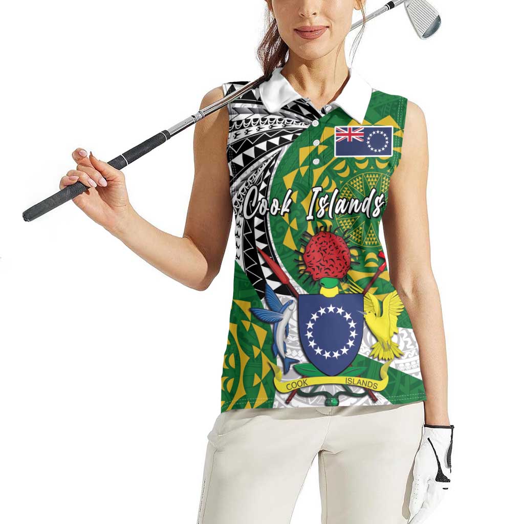 Cook Islands Independence Day Women Sleeveless Polo Shirt National Flag and Emblem with Tatau Tattoo LT03 - Polynesian Pride