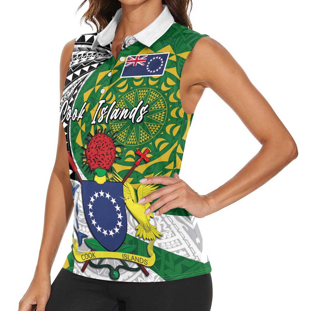 Cook Islands Independence Day Women Sleeveless Polo Shirt National Flag and Emblem with Tatau Tattoo LT03 - Polynesian Pride