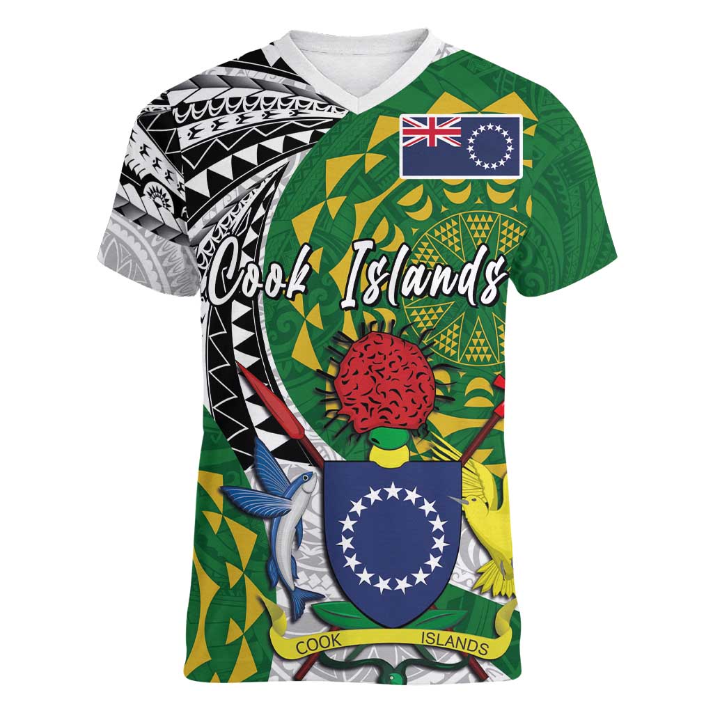 Cook Islands Independence Day Women V-Neck T-Shirt National Flag and Emblem with Tatau Tattoo LT03 Female - Polynesian Pride