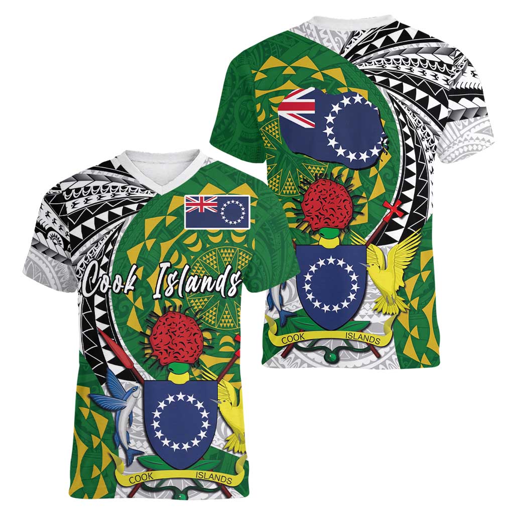 Cook Islands Independence Day Women V-Neck T-Shirt National Flag and Emblem with Tatau Tattoo LT03 - Polynesian Pride