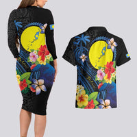 Palau Independence Day Couples Matching Long Sleeve Bodycon Dress and Hawaiian Shirt Melanesian Tattoo with Hibiscus LT03 - Polynesian Pride