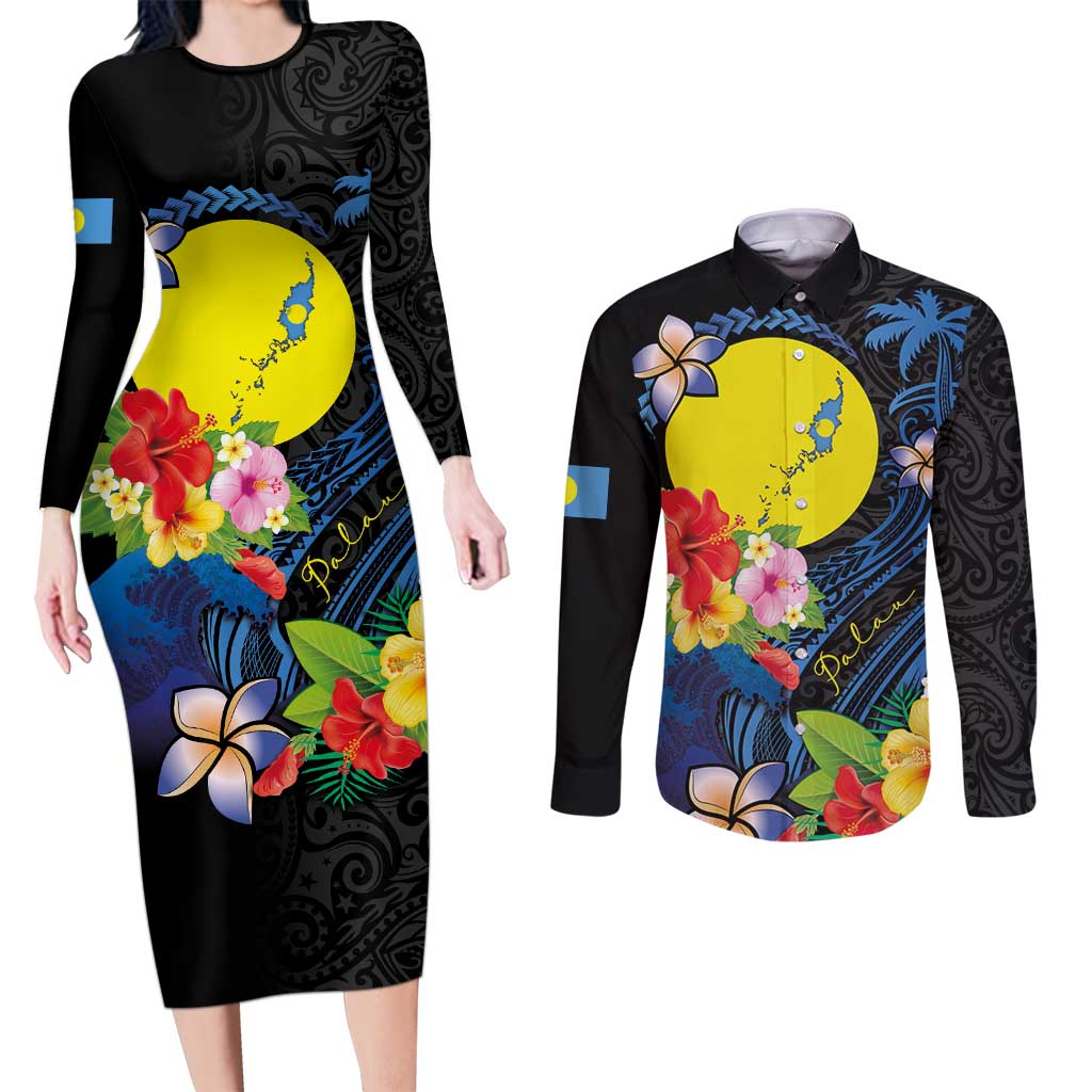 Palau Independence Day Couples Matching Long Sleeve Bodycon Dress and Long Sleeve Button Shirt Melanesian Tattoo with Hibiscus LT03 No Dress - Polynesian Pride