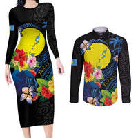Palau Independence Day Couples Matching Long Sleeve Bodycon Dress and Long Sleeve Button Shirt Melanesian Tattoo with Hibiscus LT03 No Dress - Polynesian Pride