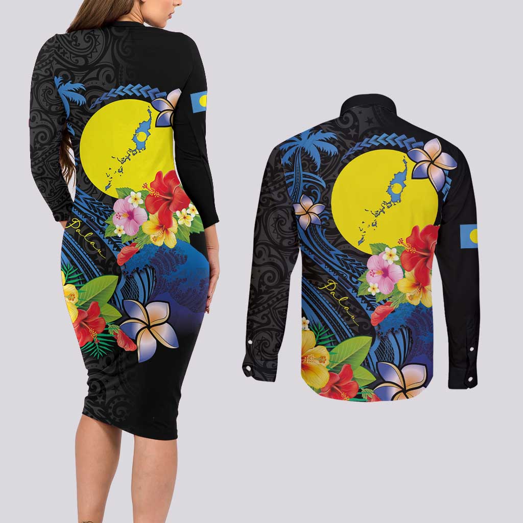 Palau Independence Day Couples Matching Long Sleeve Bodycon Dress and Long Sleeve Button Shirt Melanesian Tattoo with Hibiscus LT03 - Polynesian Pride